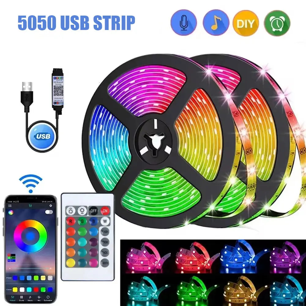 RGB LED strip light by FanzyMarket with remote, Bluetooth, WiFi, 5V USB, 1m-30m backlight for TV, bedroom, or living room decor.