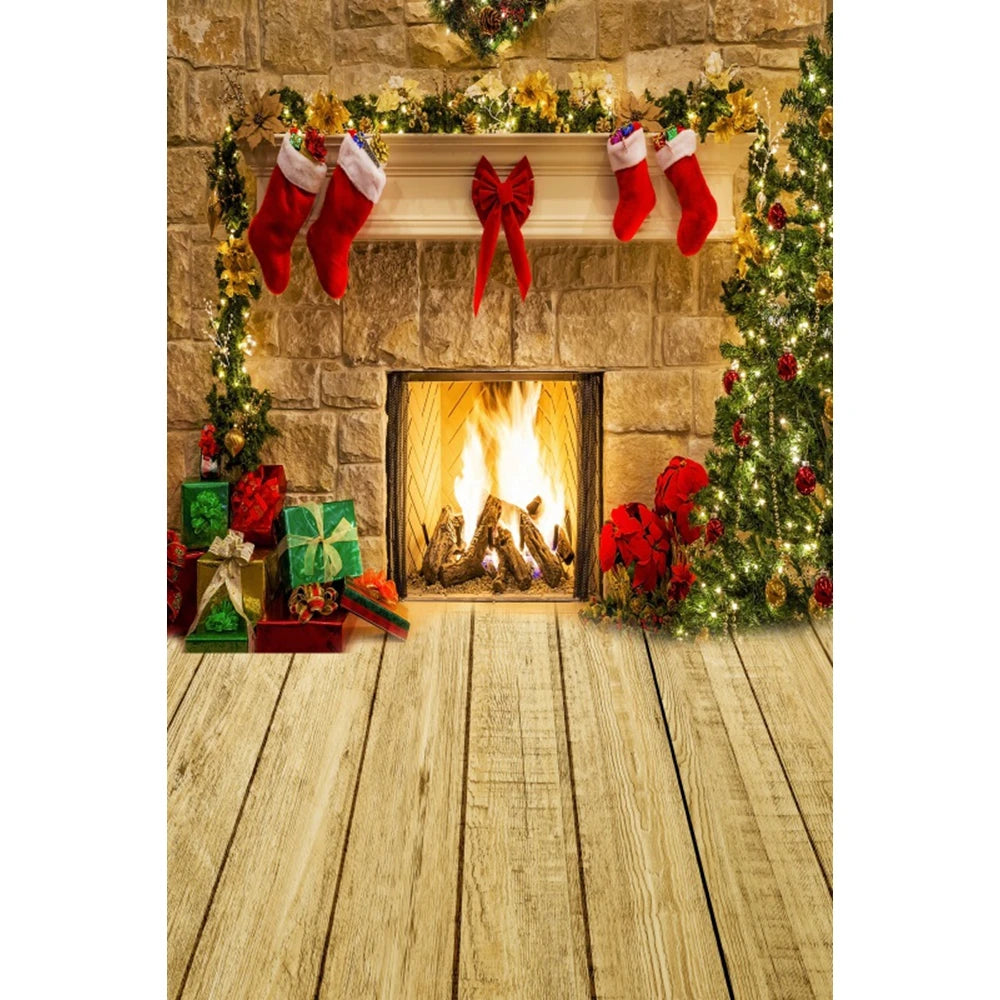 Christmas Photography Backdrop - Santa, Tree & Fireplace Winter Snow Wood Floor Portrait Background