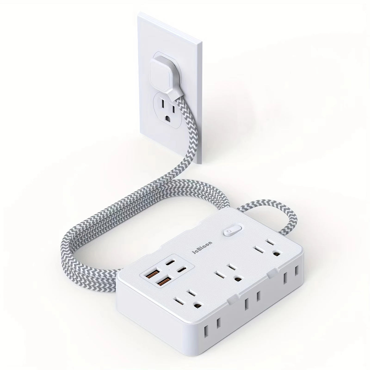 US Plug Power Strip 6-Outlet Extension Cord (1.5m / 4.9ft) Braided Cable with 4 USB Ports & USB-C, Master Switch & Overload Protection