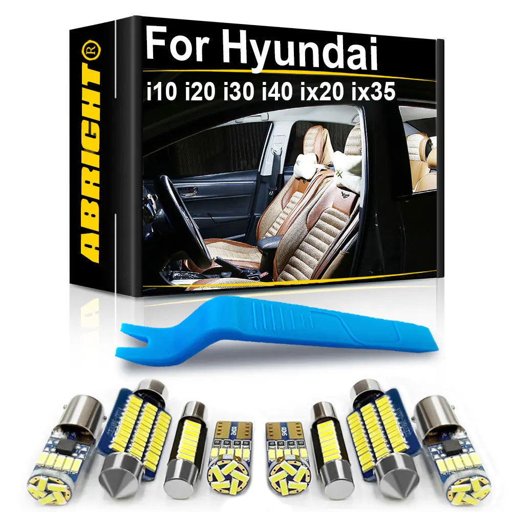 Interior Canbus LED Lighting Kit for Hyundai i10/i20/i30/i40/ix20/ix35/Tucson/Santa Fe — Dome Map Trunk LED Bulbs, Plug & Play, 12V, Error Free