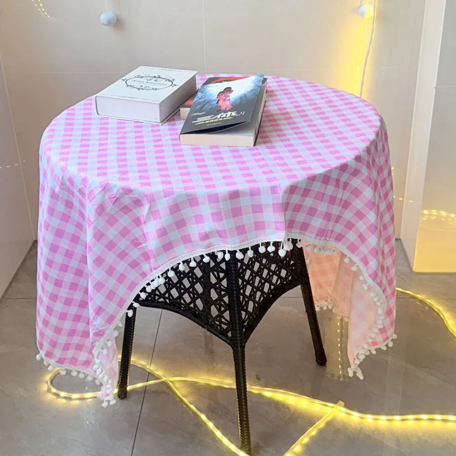 Pink Lace Plaid Rectangular Tablecloth with Pom Pom Trim for Kitchen & Dining, 63×39 in (160×100 cm) & 39×31.5 in (100×80 cm), Christmas Home Decor