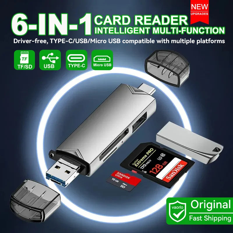 6-in-1 USB-C OTG Card Reader & USB 3.0 Flash Drive Adapter — SD / TF / MicroSD for Phone, Tablet, Laptop