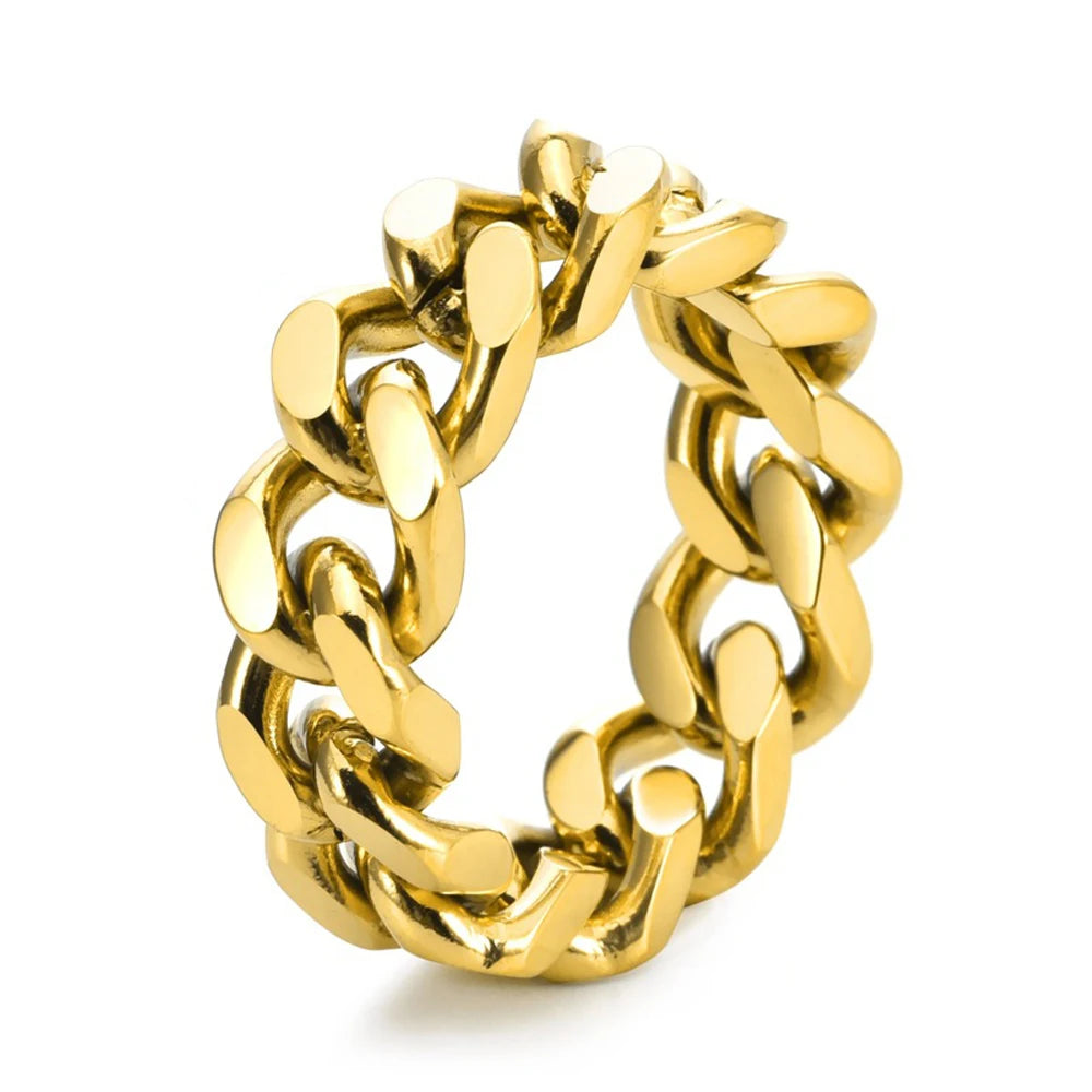 Men's Cuban Chain Ring – 316L Stainless Steel Gold-Plated Punk Minimalist Band, 8mm (0.31in) Wide, US Sizes 6–12