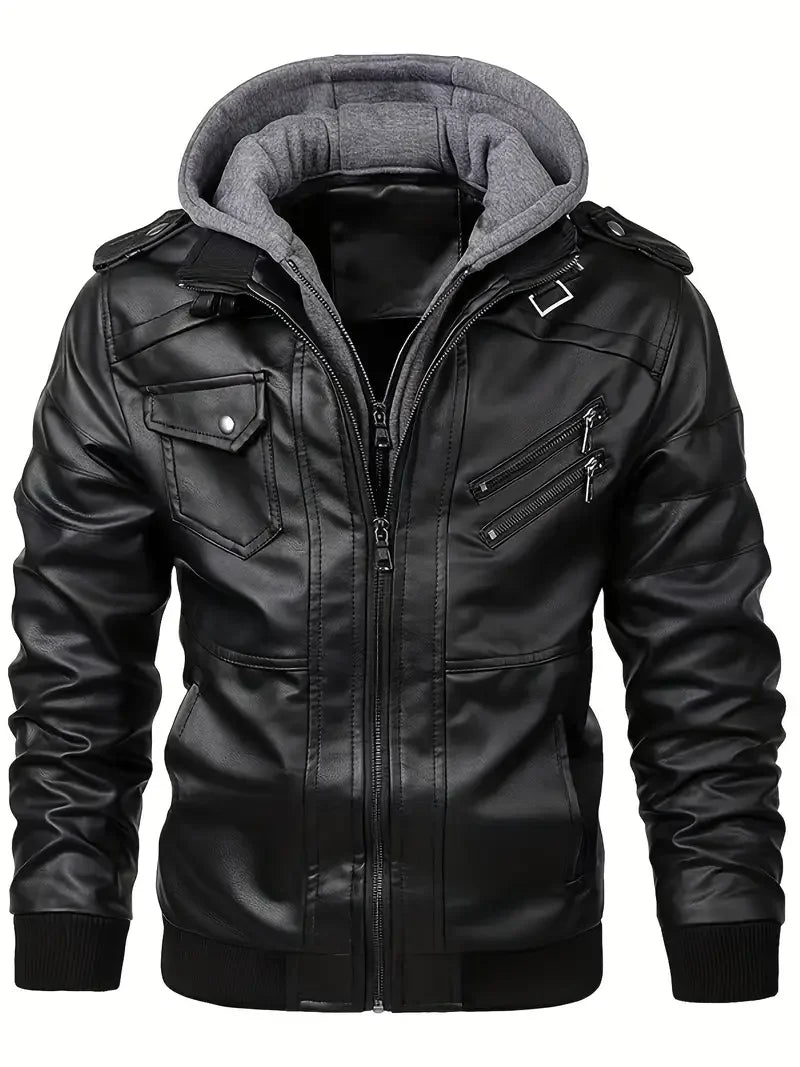 Men's Slim Fit PU Motorcycle Leather Jacket - Windproof Biker Coat with Detachable Hood & Zipper