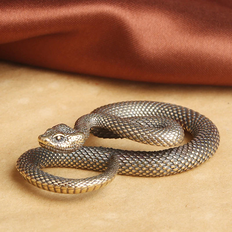 Retro Copper Snake Boa Mini Figurine Brass Tea Pet - 52 x 29.5 mm (2.05 x 1.16 in) Desk & Living Room Ornament