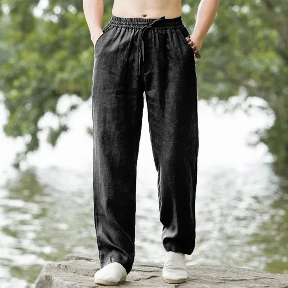Men's Summer Cotton-Linen Oversized Wide Leg Pants Elastic Waist Casual Ankle-Length