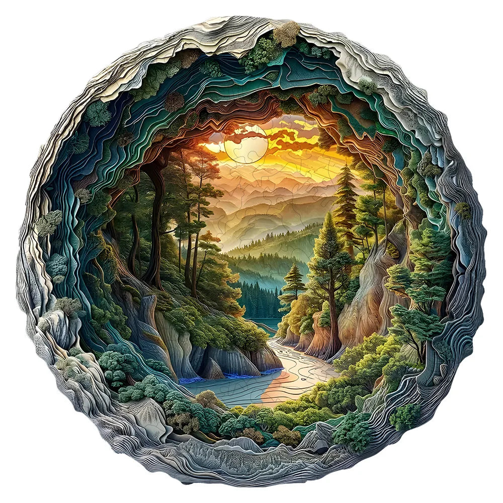 Wooden Jigsaw Puzzle for Adults, Winter Forest River Sunset, Flat 3D Visual Effect