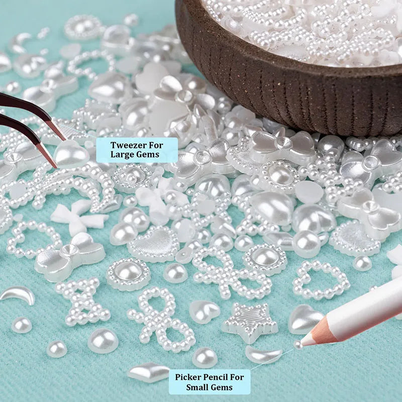 500pcs White Nail Charms & Pearls — Mixed Shapes (Heart, Bowknot, Star, Teardrop) Rhinestones for Nail Art & DIY Crafts