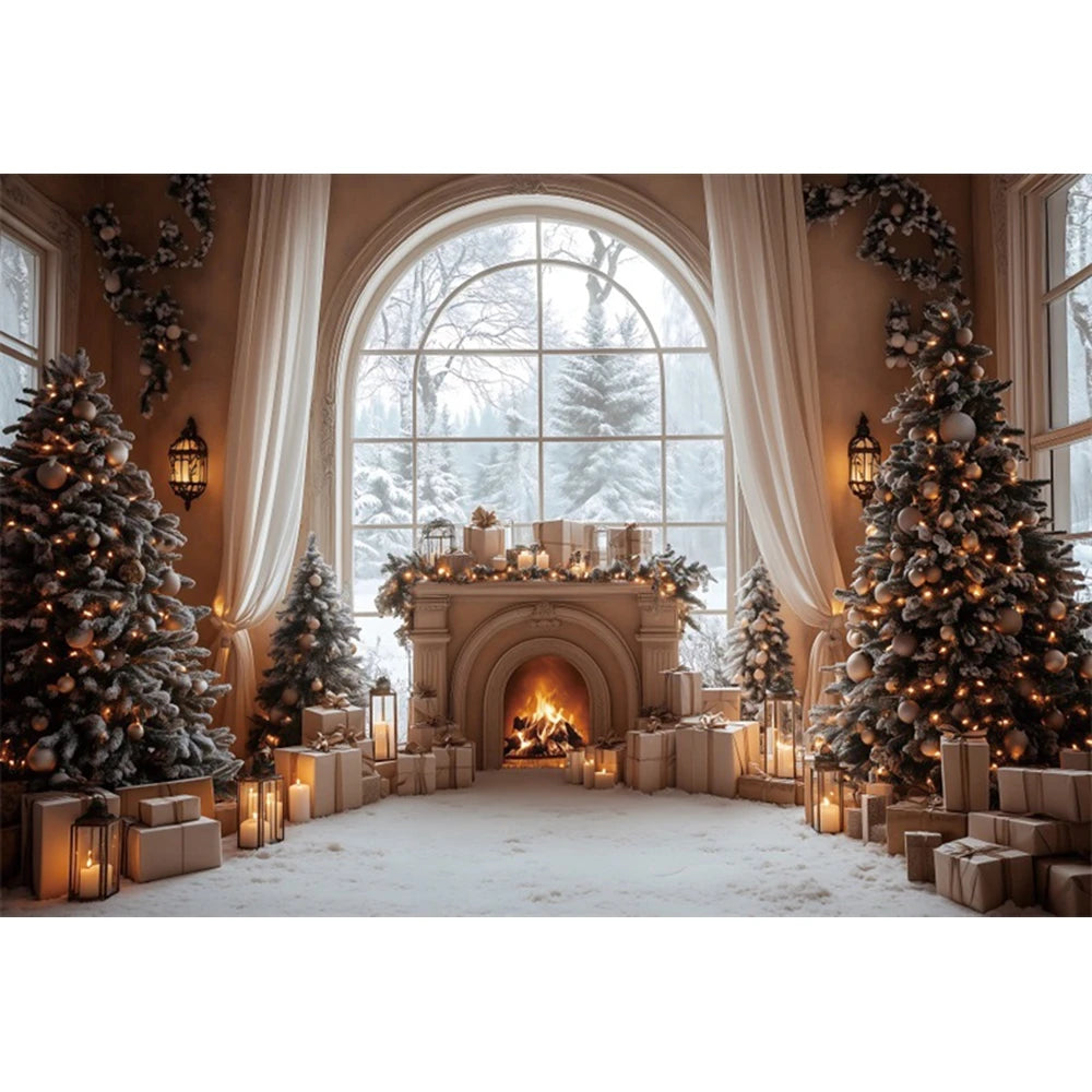 Christmas Fireplace Photography Backdrop — Gingerbread House & Wooden Window Holiday Photo Background for Kids & Family
