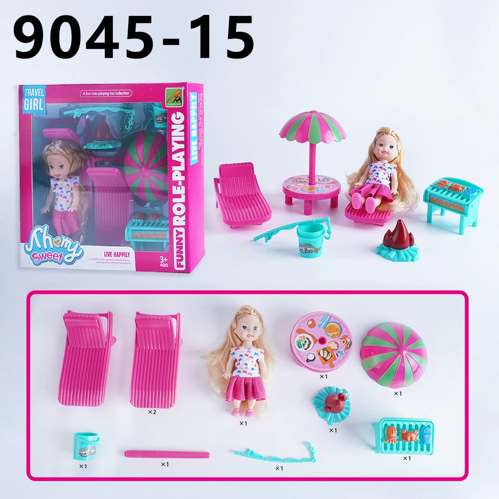 Mini Fashion Doll Playset for Kids with Pet Dog & Convertible Car — Dollhouse Kitchen & Seaside Restaurant Accessories