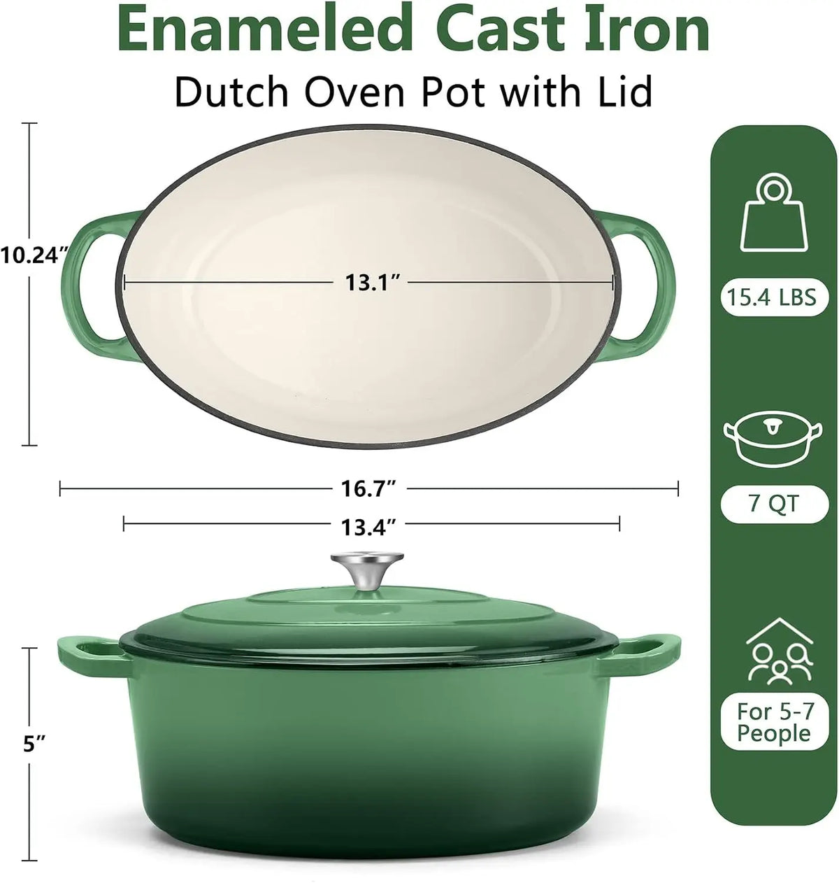 7 Qt (6.6 L) Oval Enameled Cast Iron Dutch Oven with Lid — Oven & Stovetop Safe for Bread Baking, Braising, Stewing & Frying