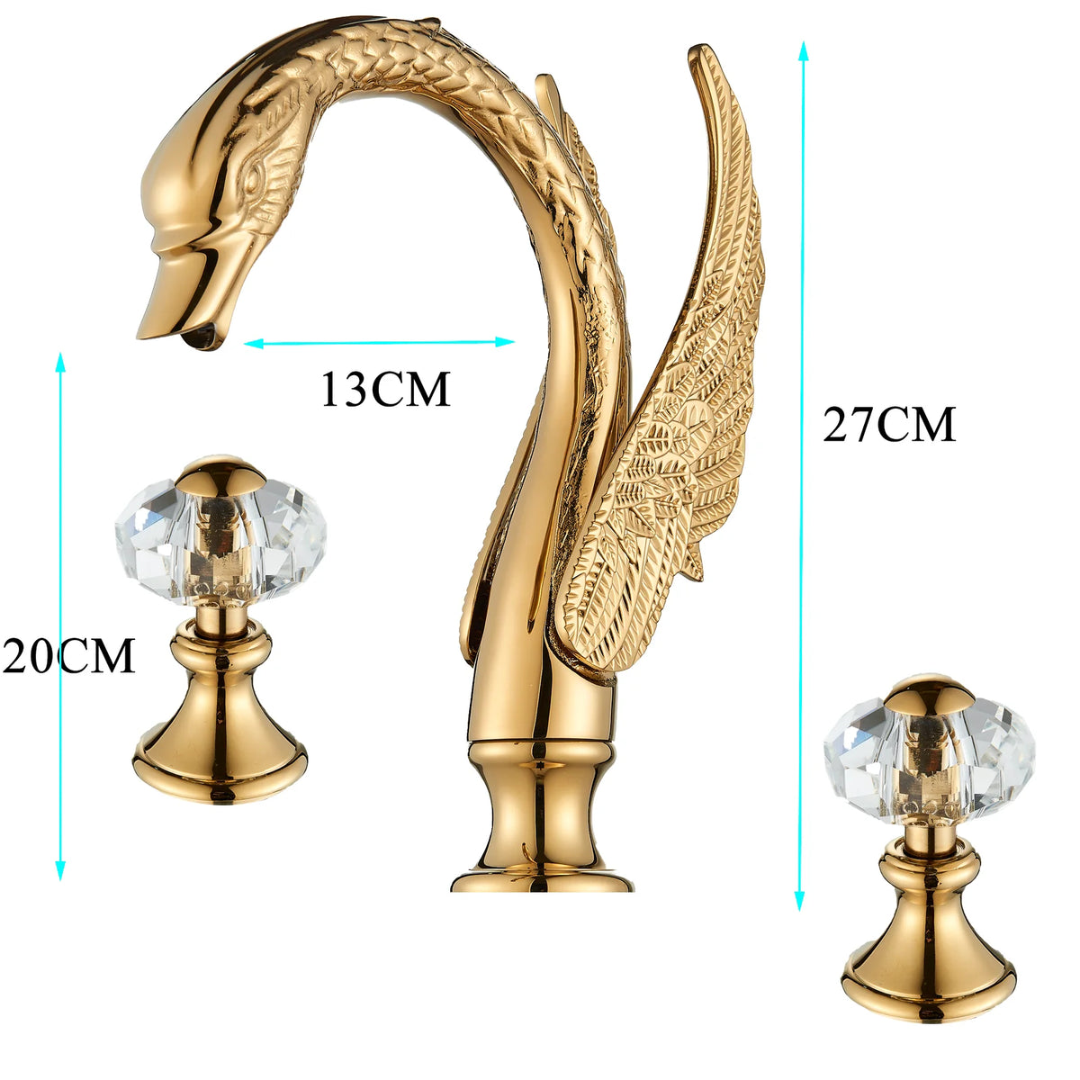 Golden Swan-Shaped Bathroom Faucet 3-Piece Basin & Tub Mixer with Dual Crystal Handles, Hot & Cold