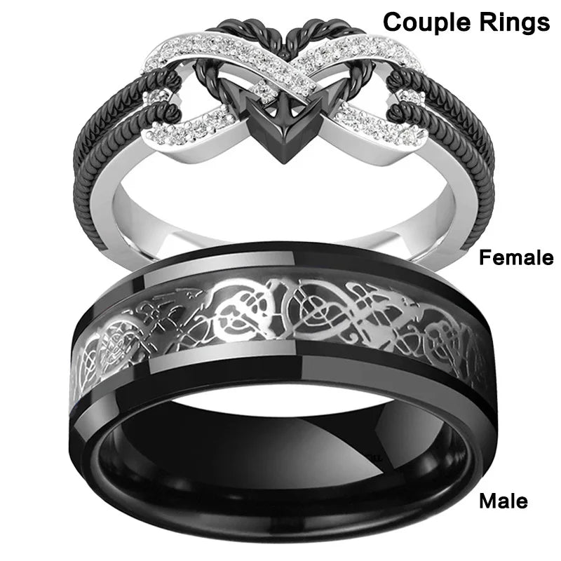 Gothic Black Heart Infinity Couple Rings - Women's Stainless Steel Rhinestone Punk Jewelry