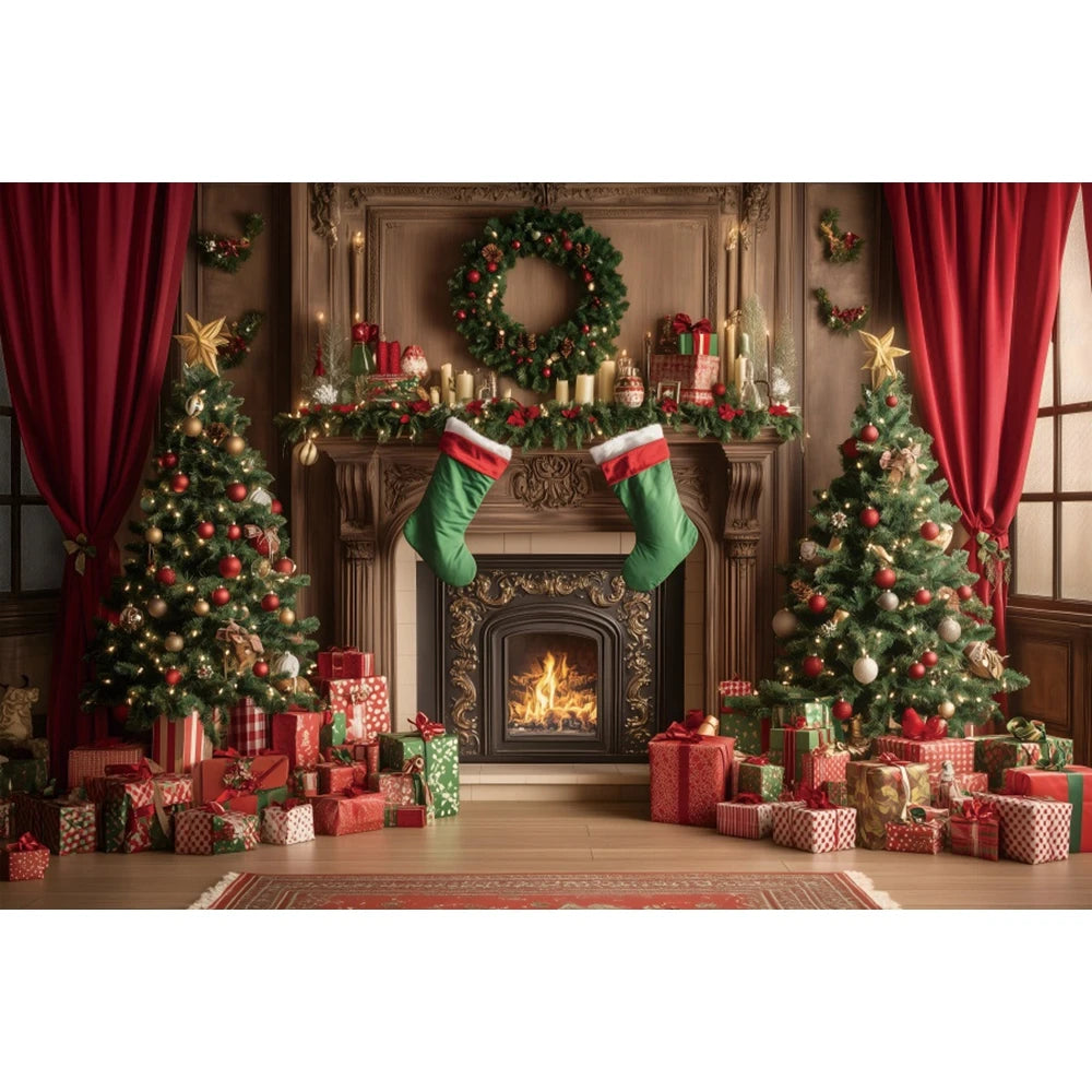 Christmas Photography Backdrop - Red Curtain & Window Scene with Snowy Bear and Gifts for Kids & Family Portraits