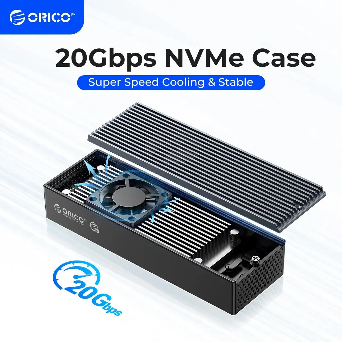 20Gbps M.2 NVMe SSD Enclosure with Built-in Cooling Fan, USB 3.2 Gen2x2 Type-C for M.2 2230/2242/2260/2280