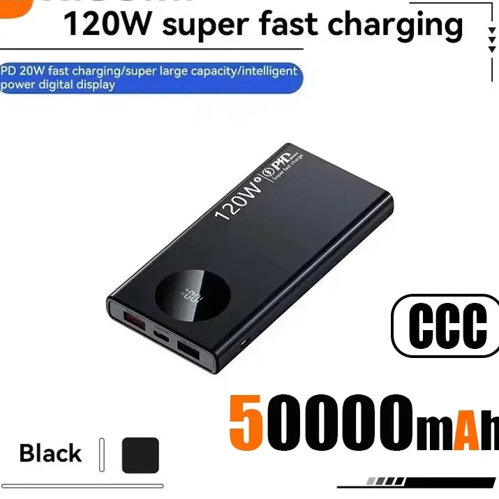 120W Fast Charging Power Bank – 50,000 / 100,000 / 200,000 mAh Portable Charger with Built-In Cable, USB-C & Dual USB, LED Display