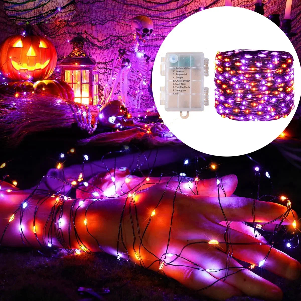 20 m (65.6 ft) Purple & Orange LED String Lights – Battery-Powered Outdoor Fairy Lights for Halloween & Christmas Party Decor