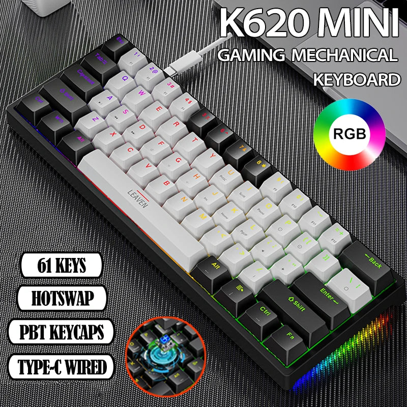 61-Key 60% Mechanical Gaming Keyboard Hotswap USB-C Wired RGB PBT Keycaps Compact Ergonomic