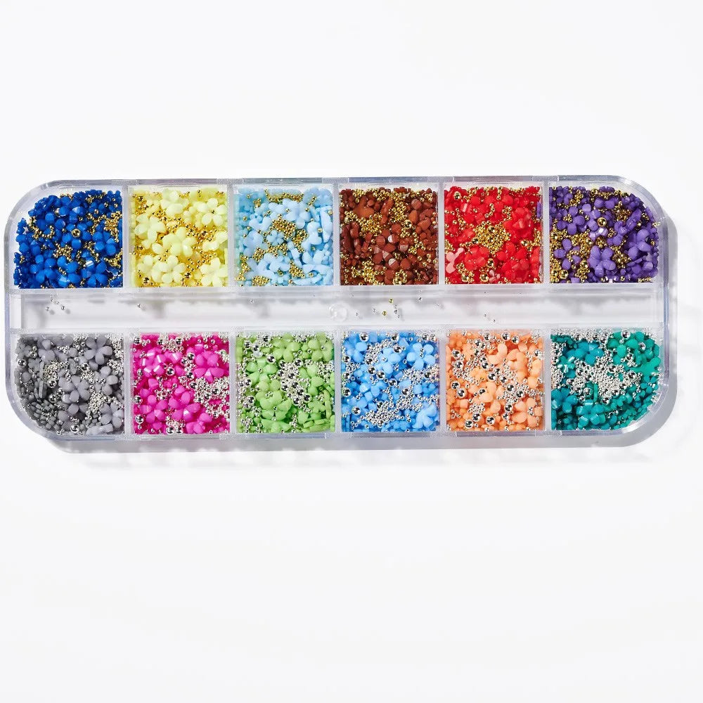 12-Grid Pink & White Nail Art Charms Set – Bows, Pearls, Rhinestones & Butterflies for DIY Manicure