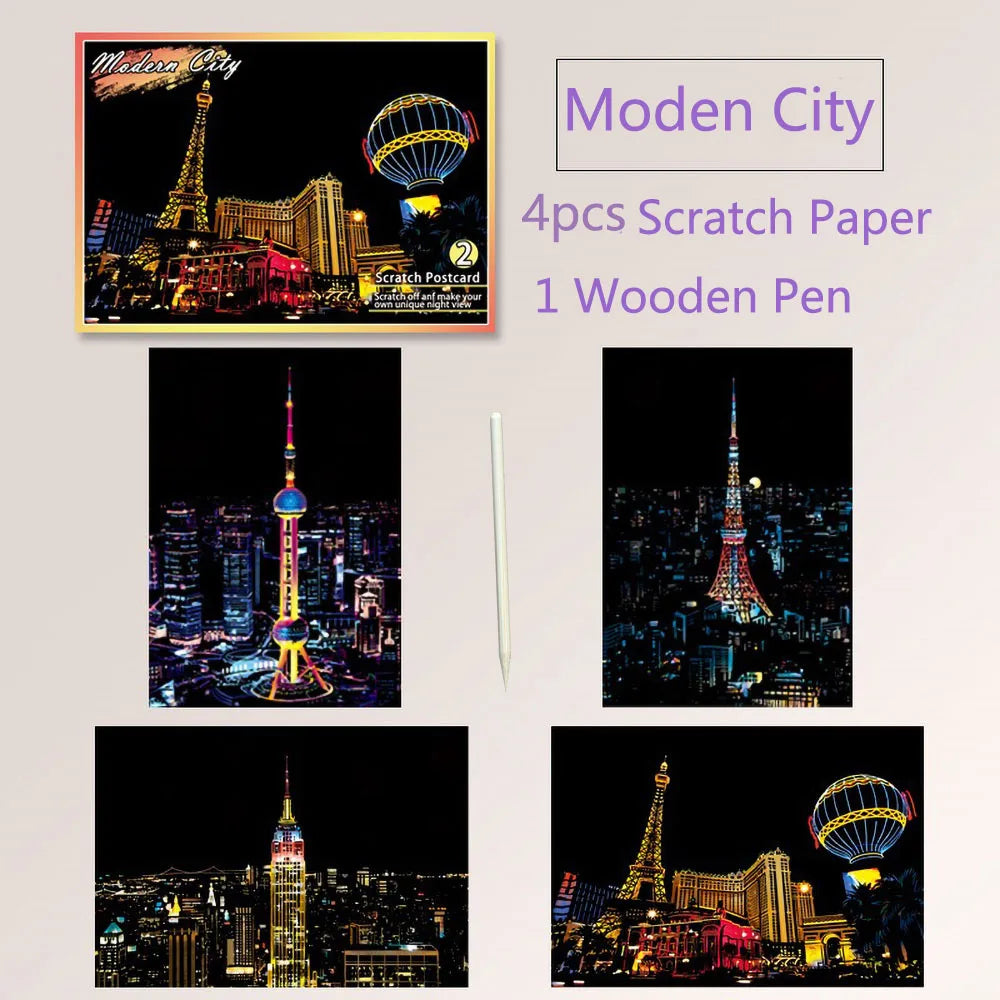 DIY Scratch Art Postcards A5 (20 x 14 cm | 7.9 x 5.5 in) 4‑Pack Night Scene Rainbow Scratch‑Off Sheets with Bamboo Stylus — Kids & Adult Craft Gift