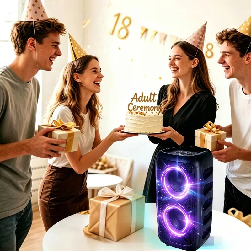 Portable Bluetooth Boombox Speaker – Dual Drivers, TWS Stereo, RGB Party Lights, USB TF Card & FM Radio
