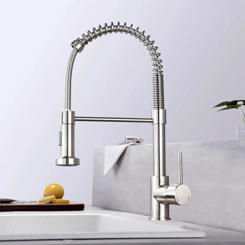 Brushed Nickel Pull-Down Kitchen Faucet, Deck-Mounted Mixer Tap, 360° Swivel, Stream & Spray, Single-Handle Hot/Cold