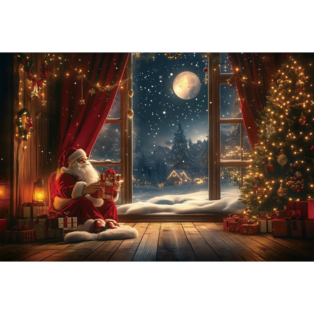 Christmas Photography Backdrop - Red Curtain & Window Scene with Snowy Bear and Gifts for Kids & Family Portraits