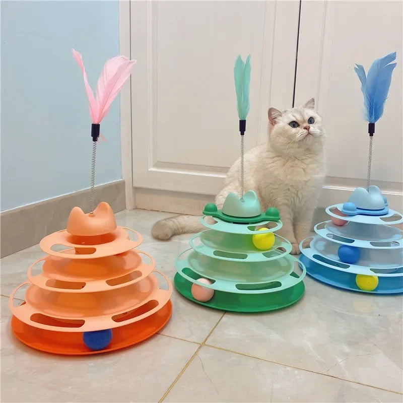 Interactive Triple-Play Cat Toy — Spinning Disc with Rolling Balls Puzzle Chase Toy for Cats (Pink, Blue, Green, Orange)