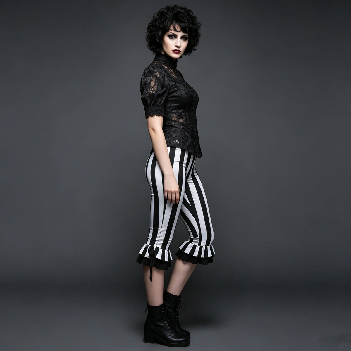 Black and White Striped Calf-Length Capri Pants — Y2K Wide-Leg Bell Bottom Leggings, Low-Waist Slim Fit for Cosplay & Halloween