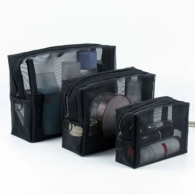 3-Pack Mesh Makeup Bags - Travel Cosmetic Organizer Set for Women, Portable Mini Toiletry Pouches for Lipstick & Cosmetics