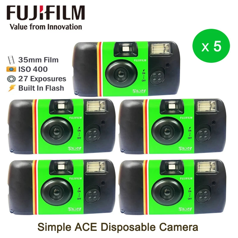 Single-Use Disposable Film Camera with Built-In Flash — 27 Exposures, ISO 400, 32mm Lens