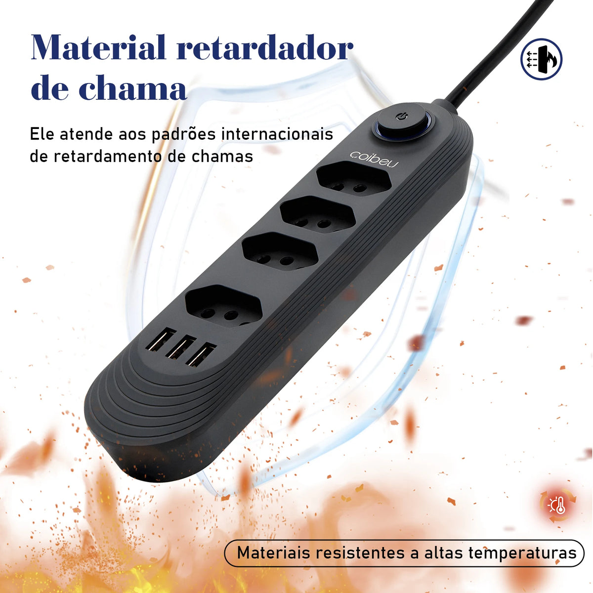 Power Strip with USB & Overload Protection – Extension Socket 10A, 2m (6.6 ft) Cable