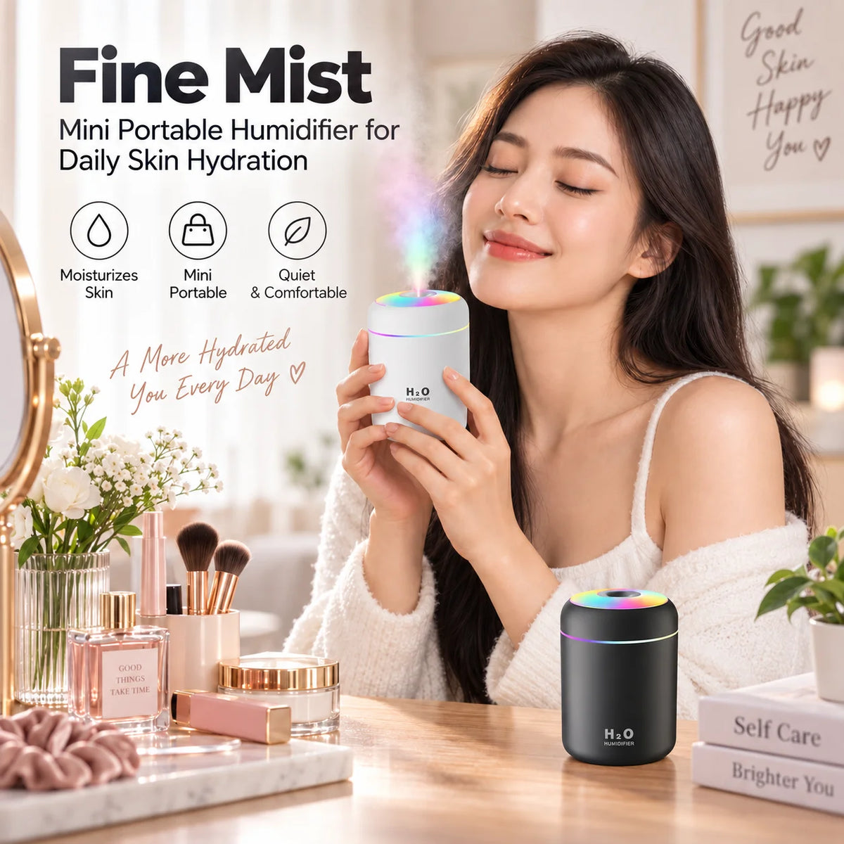 Mini USB Humidifier and Aroma Diffuser - Ultrasonic Cool Mist Portable with LED Light for Home, Bedroom, Car, Office, Desktop