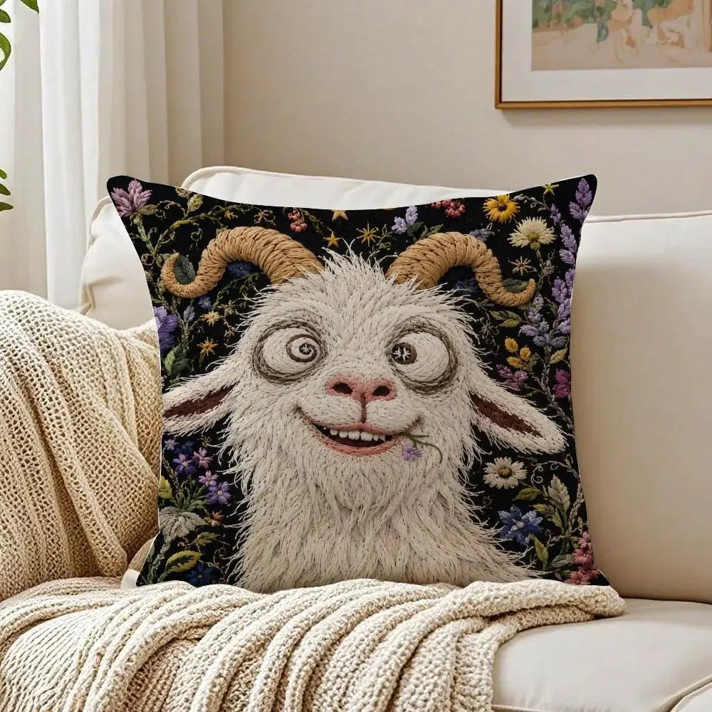 Funny Screaming Goat Plush Pillow Cover — Short Plush Cushion Case, Breathable & Washable with Invisible Zipper