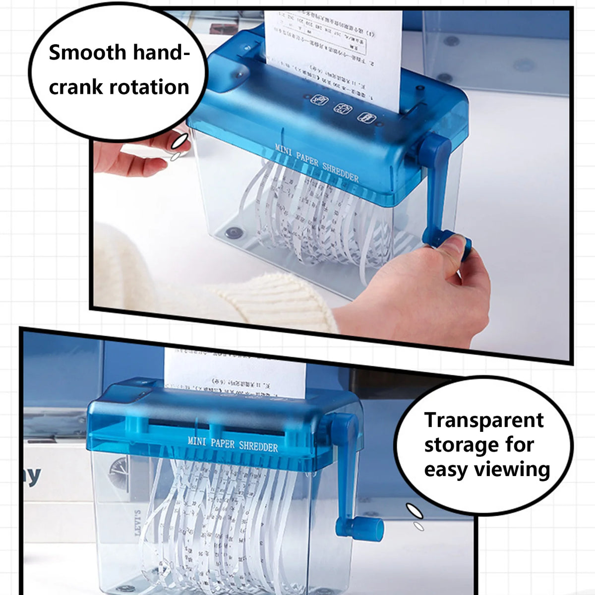 Portable Mini Hand Crank Paper Shredder - Transparent Manual Strip-Cut Document & Card Shredder for Home Office