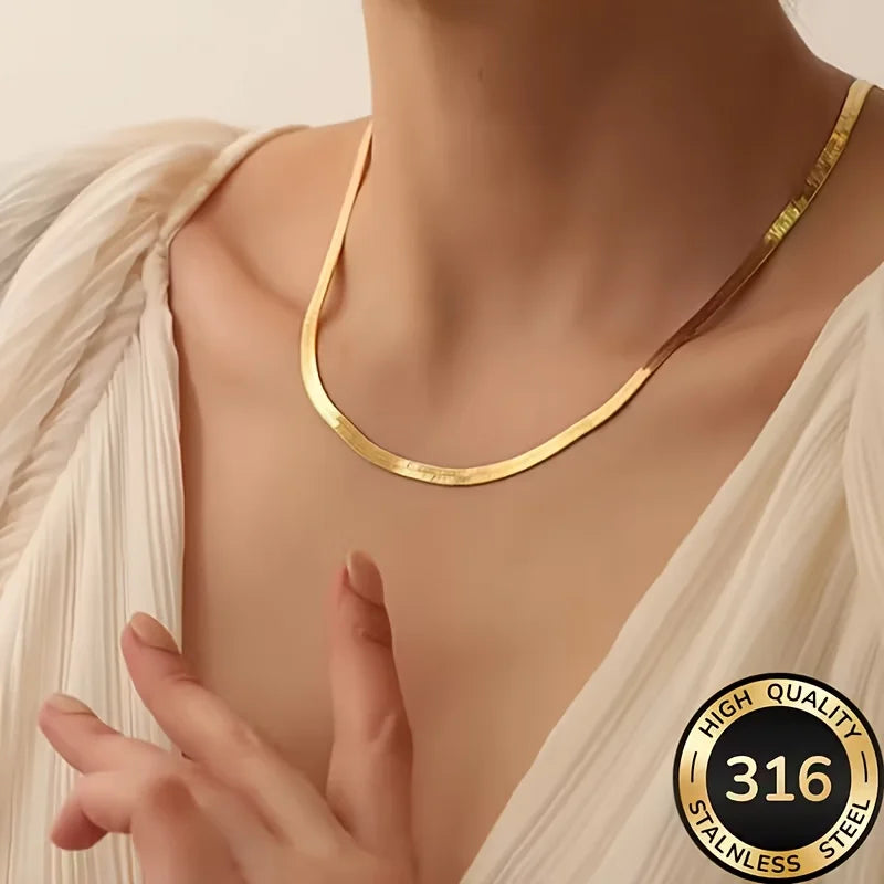 Minimalist Flat Snake Bone Chain Necklace, Adjustable Gold Stainless Steel, Tarnish-Resistant, Stackable