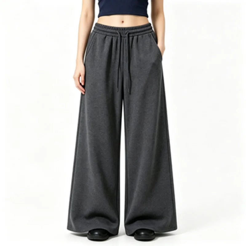 Harajuku Wide-Leg Sweatpants for Women – Oversized High-Waist Gray Drawstring Joggers