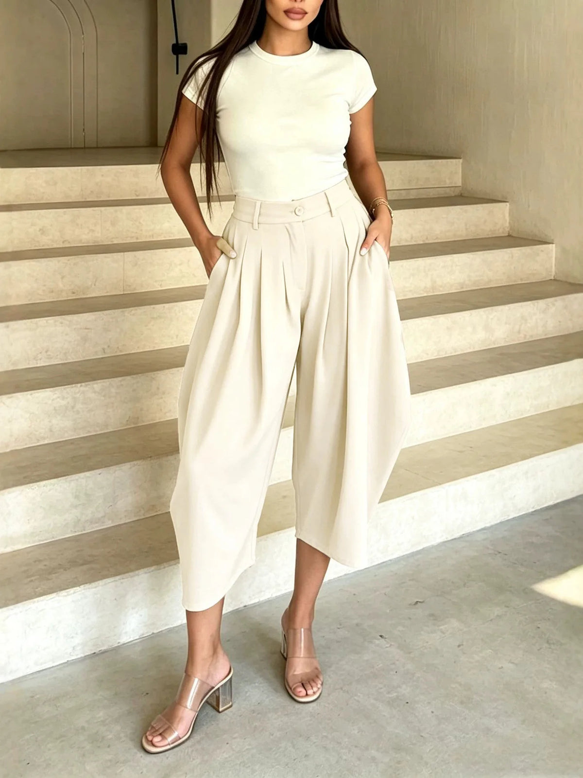 Women's High-Waist Summer Wide-Leg Casual Pants Loose Calf-Length