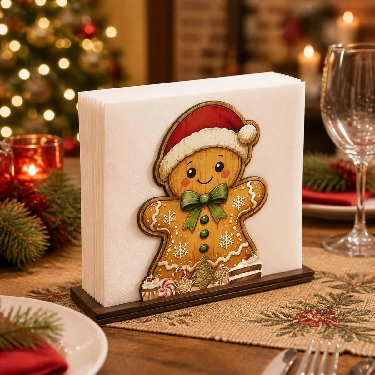 Santa Claus Wooden Napkin Holder - Holiday Tabletop Napkin & Tissue Holder, Christmas Dining Decor