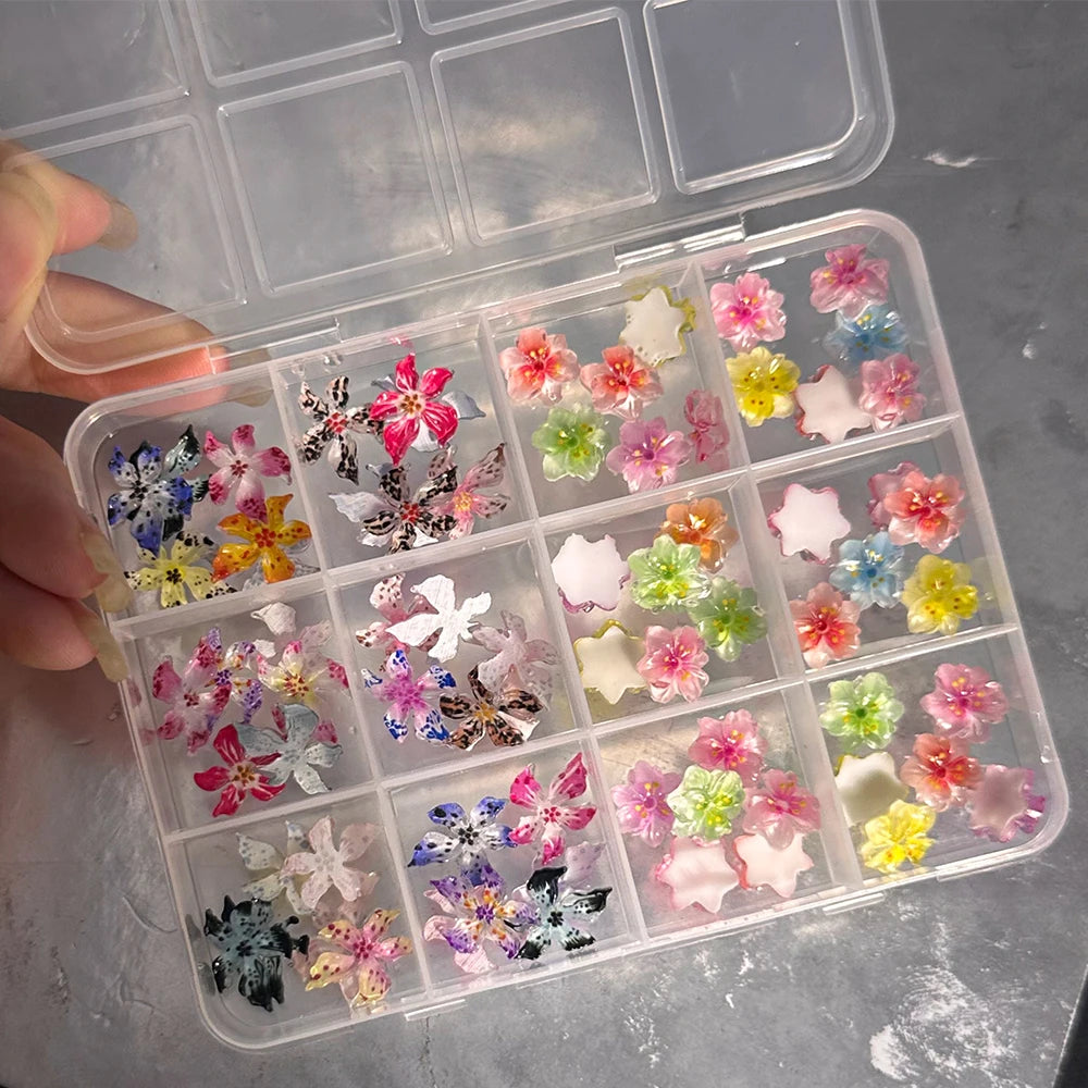 72-Piece 3D Crystal Jelly Nail Charms – Transparent Floral, Leopard & Hibiscus Nail Art Decorations