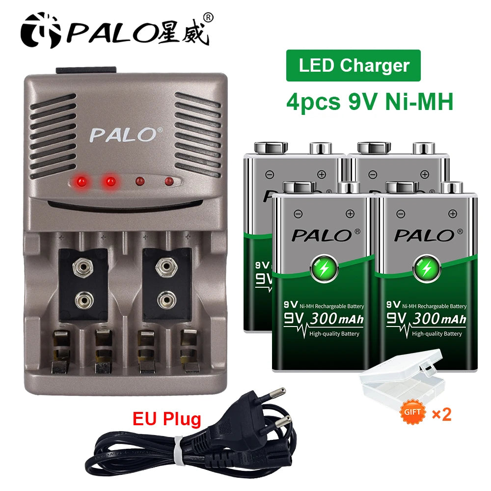 9V Ni-MH Rechargeable Battery 300mAh with Smart Charger — Low Self-Discharge Reusable 9 Volt Battery