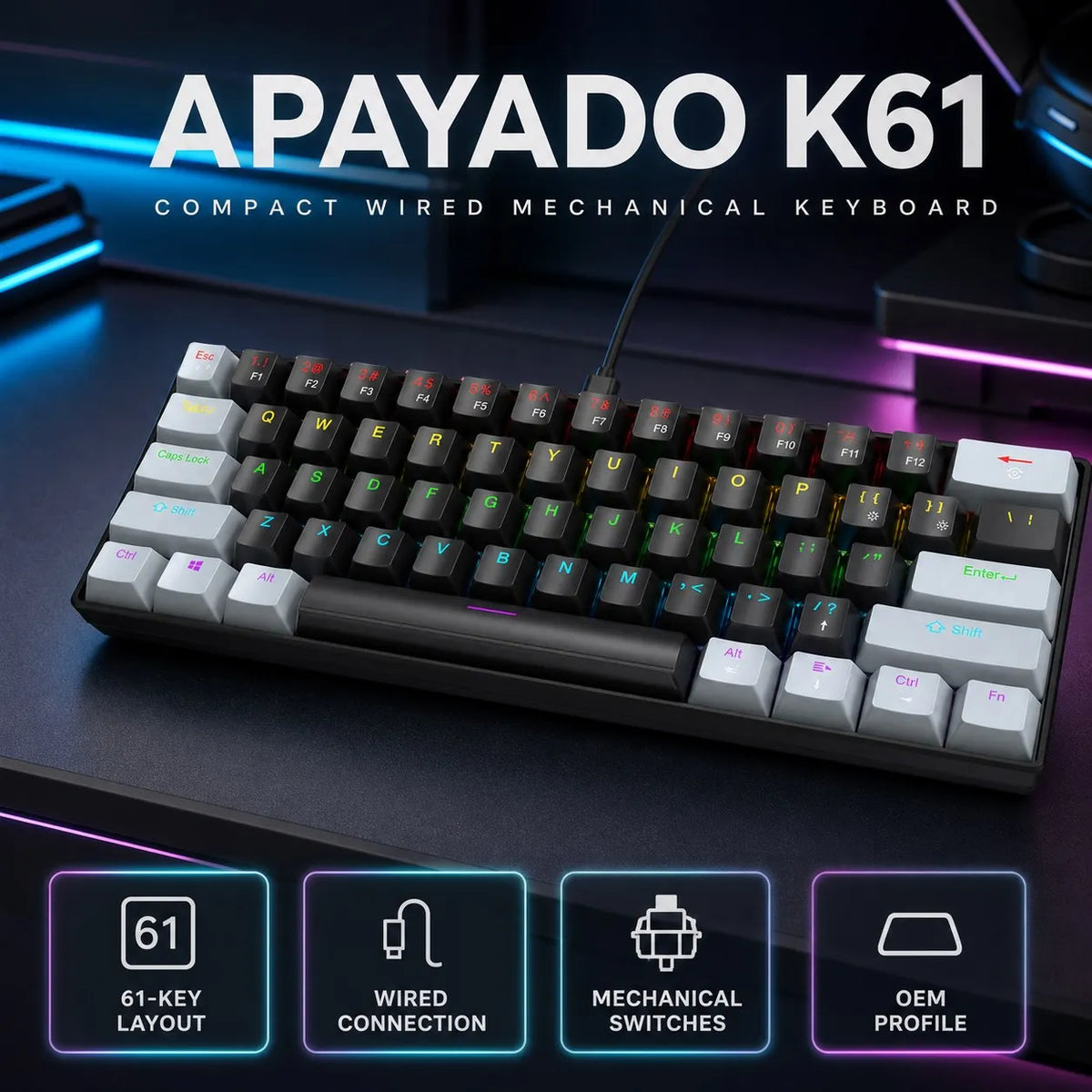 61-Key Wired Mechanical Keyboard USB-C — Blue or Red Switches, RGB Backlight