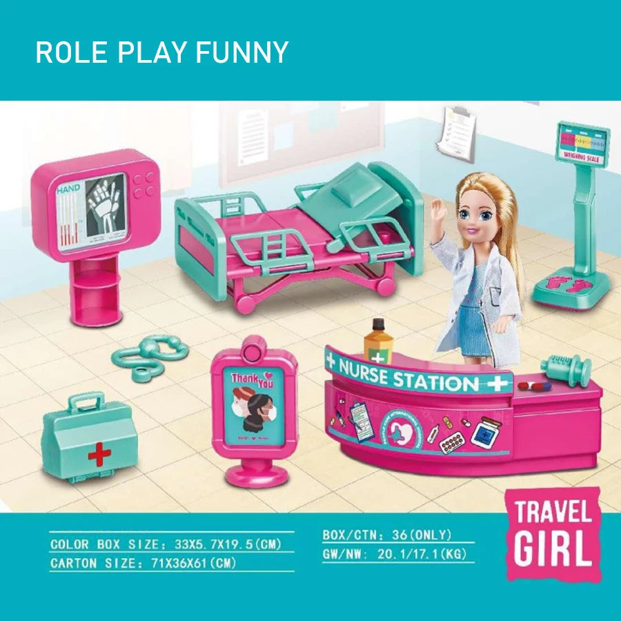 5.5in (14 cm) Doll Playset - Medical & School Role-Play Kit with Accessories, Gift Box for Kids
