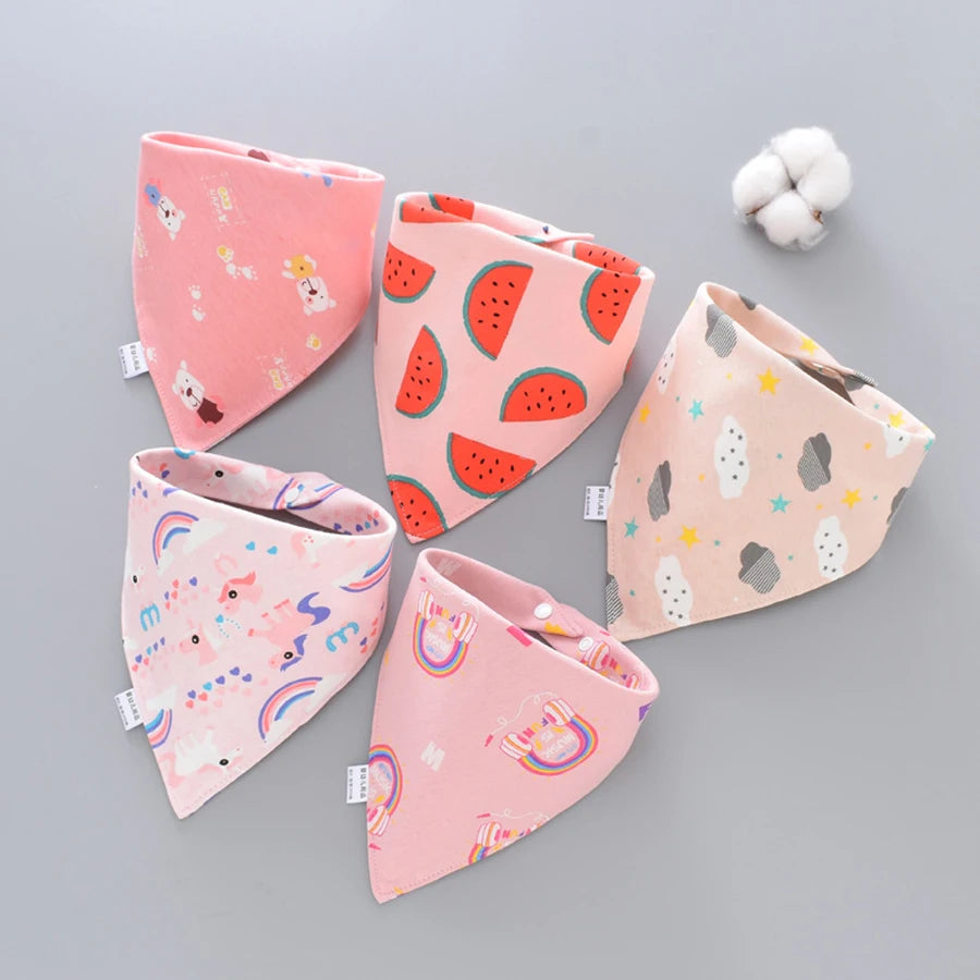 5-Pack Cotton Bandana Bibs – Waterproof Absorbent Baby Triangle Scarves, Cartoon Unisex Bibs