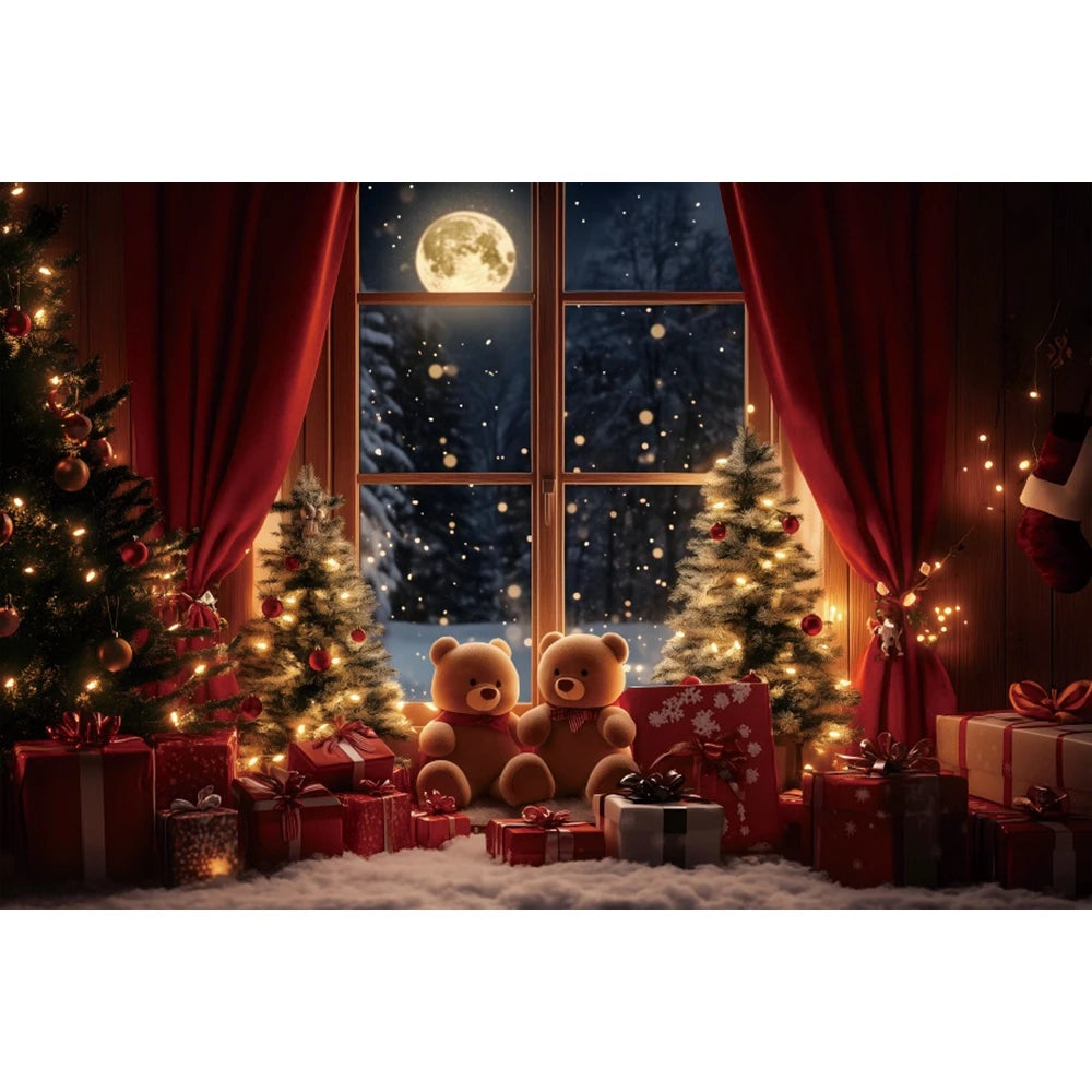 Christmas Photography Backdrop - Red Curtain & Window Scene with Snowy Bear and Gifts for Kids & Family Portraits