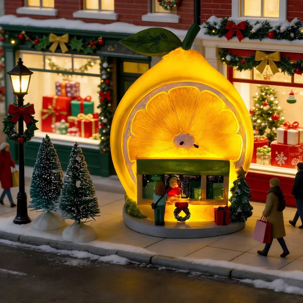 Lemon-Shaped LED Light-Up Christmas Ornament - Juices & Coffee Shop Snowy Village Figurine