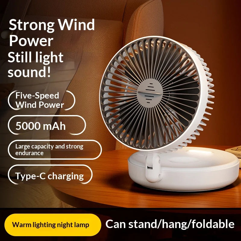 5000mAh Foldable Glow-in-the-Dark Rechargeable Wall-Mount Portable Quiet High-Speed Desk Fan for Office and Students