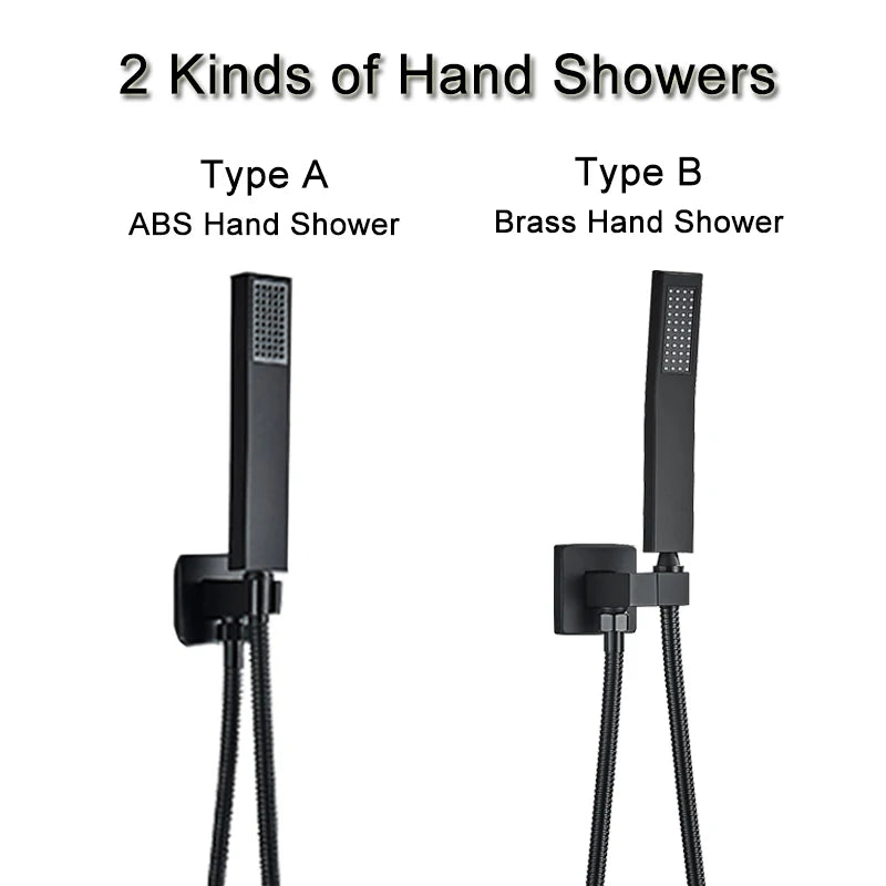 Big Black Thermostatic Ceiling-Mounted Rainfall Shower System with Hand Shower – Thermostatic Mixer Tap, 150 cm (59 in) Hose, 400+ mm (15.7+ in) Rain Head
