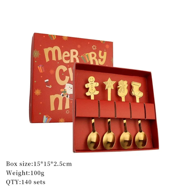 4-Piece Stainless Steel Christmas Cutlery Set – Spoon & Fork Holiday Table Decor with Elk & Tree Ornaments