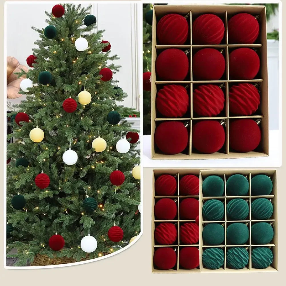 12-Pack 6 cm (2.36 in) Flocked Velvet Christmas Tree Ornaments – Hanging Baubles for Holiday Home Decor